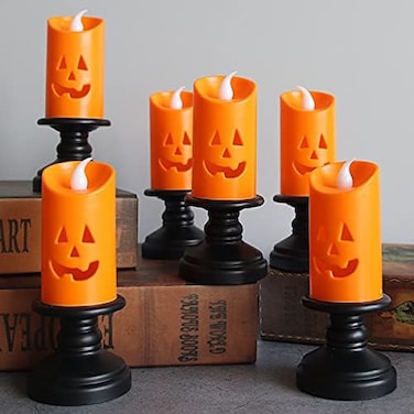 6PCS Pumpkin Candle Light, Orange Flameless Candle Lights LED Lamps Festival Decor Light for Halloween Party Table Centerpieces