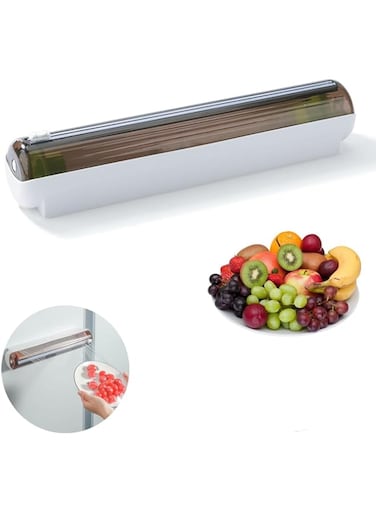 TERRIFI Magnetic Plastic Cling Food Wrap Dispenser with Slide Cutter - Wall Mount Refillable Wrap Dispenser, Cling Film Divider for Kitchen, Reusable Household with Roll Storage Box