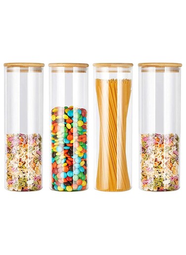 Glass Storage Jar with Bamboo Lids,Glass Airtight Canisters sets,Spice Jar, Pantry Organization and Storage Containers Ideal for Sugar, Coffee, Cookie, Candy,Cereals (1400ml/49.3 oz, Set of 4)