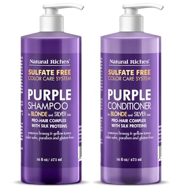 Natural Riches Purple Shampoo And Conditioner Set Sulfate Free Salon Grade For Silver Blonde And Platinum Hair. Removes Yellow &amp; Brass Tones. Blonde Shampoo For Silver Grey Highlighted Hair 16X2 Fl Oz