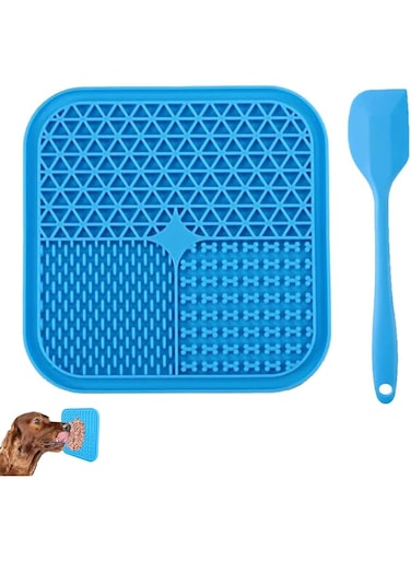 Lick Mat for Dogs Slow Feeder Licking Mat with Scraper, Anxiety Relief Lick Pad with Suction Cups for Peanut Butter Food Treats Yogurt, Pets Bathing Grooming Training Calming Mat, 20X20CM (Blue)
