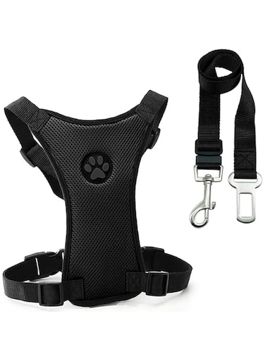 Pet Carrier Backpack, Dog Car Harness with Connector Strap, Adjustable Vest Harness, Breathable Mesh Fabric, Car Safety Seat Belt for Dogs and Cats (Black, Size L)