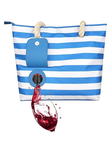 Famolay Beach Wine Tote Bag, Wine Cooler Bag Leakproof Insulated Purse Carrier with Spout Hidden Compartments, Holds 2 bottles of Wine for Travel, BYOB Restaurant, Party, Dinner