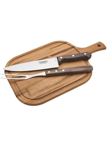Tramontina Churrasco 3-Pieces Barbecue Carving Set with Stainless Steel Blades and Treated Brown Polywood Handles and Wood Cutting Board
