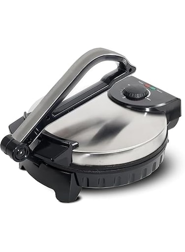 Roti &amp; Tortilla Maker, Non-Stick Chapathi Press   Adjustable Thermostat, Cool Touch Handle   Ideal for Homemade Breads, Tortillas, Flatbreads   Black/Silver   Compact Design