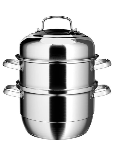 Houseware Premium 28cm Stainless Steel Steamer with Glass Lid &acirc;&euro;&ldquo; 304 Stainless Steel, Thickened Double Bottom, 4-Layer Soup &amp; Cooking Pot &acirc;&euro;&ldquo; Compatible with Gas Stove &amp; Induction Cooker