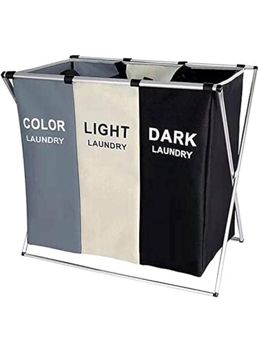 GGEROU SHOWAY Laundry Basket Clothes Hamper 135L 3 Sections Clothe Sorter Bin,Foldable Waterproof Organizer Bag with Aluminum Frame,Washing Storage, black/white/Grey, LC-DCB-3S, Large