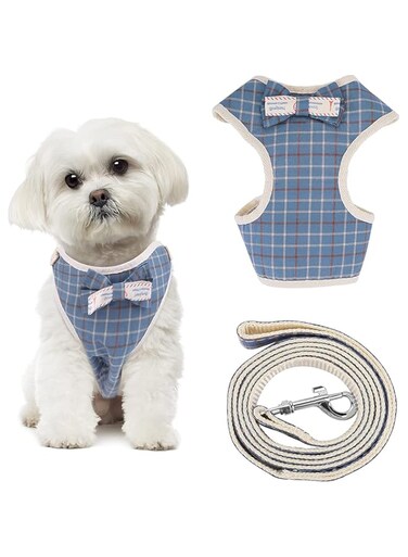 TERRIFI Small Dog Harness and Leash Set, Plaid Style Puppy Vest Harness with Bow Tie, Adjustable Basic Harness Detachable Dog Walking Harness for Small Dogs (M Size, Blue Plaid Style)