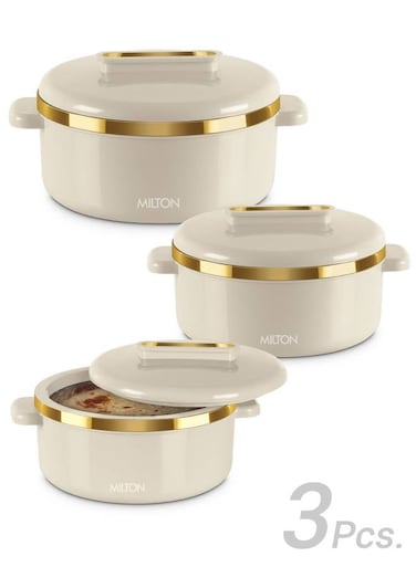 3-Piece Casserole Set (450ml, 840ml, 1.30L) Double-Walled Hotpot with PU Insulation &amp; Stainless Steel Inner, Keeps Food Hot/Cold for Hours, Perfect for Serving Biryani &amp; Roti - Curve Jr - Ivory Ivory Set of 3