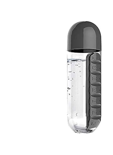 Sport Water Bottle with 7 Grids Daily Pill Box Organizer (Black, 600ml)