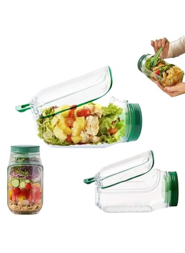 Side-Opening Salad Mason Jar &acirc;&euro;&ldquo; Leak-Proof Dressing Container with Integrated Lid &amp; Bowl, Reusable Portable Lunch Box for Office, Picnic &amp; Travel