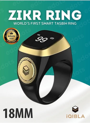 iQIBLA Smart Zikr Ring, 18mm Prayer Counter, Tasbih Counter &amp; Muslim Prayer Time Reminder, Waterproof Wearable Technology, Black And Gold