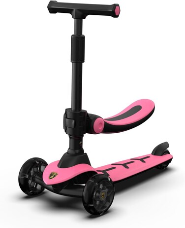Lamborghini Pink Scooter with Seat For Kids Ages 3-8, 3 Wheel Scooter For Kids with Adjustable Height, Folding Kids Scooter, Extra Wide Deck Outdoor Playing Activities For Boys/Girls