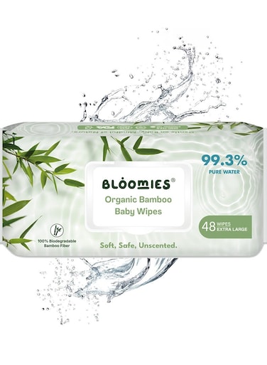 Bloomies Organic Bamboo Baby Wet Wipes, 99.3% Pure Water Wipes, Unscented, Extra Large, Eco-friendly, Soft, 100% Biodegradable Bamboo Fiber, Pack of 48 Wipes