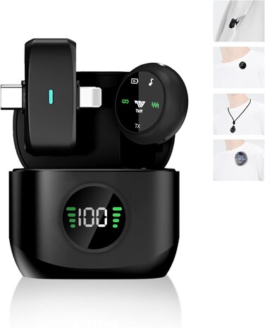 Wireless Lavalier Microphone for iPhone/Android, TNW A36 Mini Mic with Noise Cancellation, 2in1 Clip&amp;Magnetic Lapel Mic for Video Recording, Podcast, Streaming, Vlogging- 1Mic&amp;1Receiver (Black)
