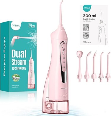 COSLUS C20 Water Flosser for Braces Gums Care, Professional Oral Irrigator, Deep Cleaning, Rechargeable, Waterproof, BPA-Free, Portable for Travel, Light Pink (Pink Water Tank)