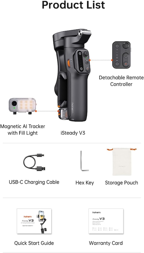 hohem iSteady V3 Gimbal Stabilizer for Smartphone, AI Tracker Fill Light,Detached Remote,Built-in Tripod Extension Rod,2024 Upgraded 3-Axis Phone Gimbal Foldable Stabilizer for iPhone Android(Black)
