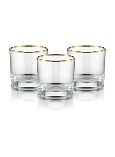 300ML Glass Set of 3 Short Gold Rim Tumblers for Premium Beverages, Double Old Fashioned Rocks Glasses Clear Whiskey Bourbon Drinkware Made In Turkey