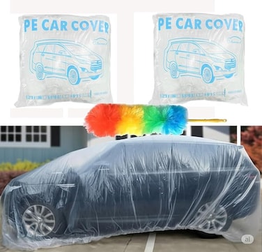 2 Pieces Disposable Car Cover 2 Pack With Cleaning Duster Clear Plastic Car Cover Universal Rain Dust Garage Cover with Elastic Band Medium (15.7' x 24.8')&hellip;