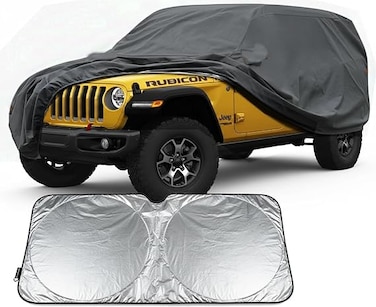 Heavy Duty Jeep 4dr Car Cover, Custom Fit Jeep Wrangler Unlimited 4 Door JK JL Rubicon/Sahara,etc Waterproof All Weather for Automobiles, Full Car Cover - Sun, Rain &amp; UV Protection with Sundsheild