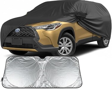Waterproof Car Cover Compatible with Toyota Corolla Cross Accessories 2022-2024, Black 210T Inside Cotton Cover with Door Zippers for Snow Rain Dust Outdoor Protection with sund sheild