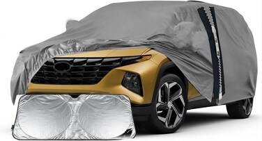 Car Cover for Hyundai Tucson 210D-PU Outdoor Full Car Cover All Weather Waterproof Windproof Sun Rain Snow Protection with Driver Door Zipper Black with sunscreen sheild