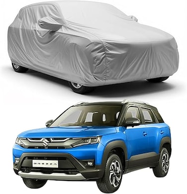 Car Body Cover Compatible with Maruti Suzuki New Brezza 2025-2024-2023-2022 (All Models)   Waterproof Heavy Duty Car Body Cover + Sun Protection + Triple Stitched + Mirror Pocket (Silver)