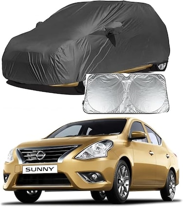 Presents Heat Reflective &amp; Semi Waterproof Car Cover Compatible with Nissan Sunny Custom Fit (Black Color with Mirror) with sunscreen sheild