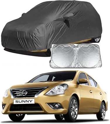 100% Dust Proof, Water Resistant Grey Car Body Cover with Mirror Pocket Compatible with Nissan Sunny with sunscreen sheild
