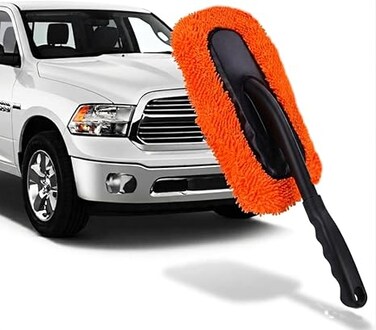 Car Duster Exterior/Interior - Orange Microfiber Microfiber Brush with Short Plastic Handle - Effective Dust Remover for Car, Home, Office