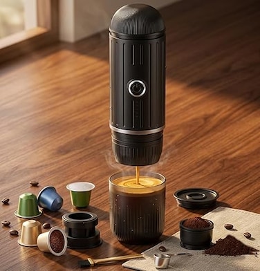 Portable 19-Bar Espresso Machine: Self-Heating Rechargeable Coffee Maker   USB-C Travel Brewer for Ground Coffee &amp; NS Capsules   Ideal for Car, Camping &amp; Outdoors