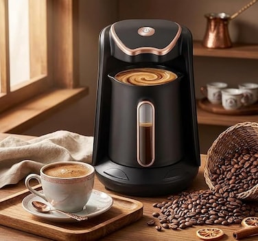 Turkish coffee Maker , Electric Automatic 600 watt, Double sided coffee pot, 250ml capacity 5 cups, Auto power off &amp; stylish design black with golden