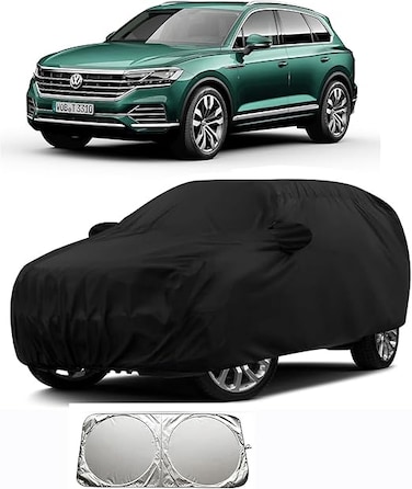 100% Waterproof Car Body Cover Compatible with Mirror &amp; Antenna Pockets for Volkswagen Touareg (Heavy Duty, Full Sized, Black) with sunscreen shield
