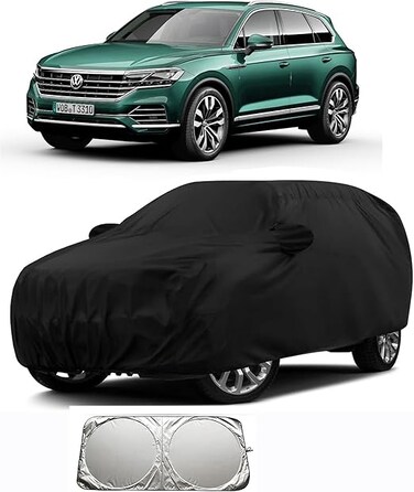 00% Waterproof Car Body Cover Compatible with Mirror &amp; Antenna Pockets for Volkswagen Touareg (Heavy Duty, Full Sized, Black) with sunscreen shield