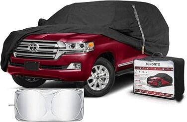 Car Cover [Land Cruiser] &ndash; All-Weather Protection   Waterproof, UV-Resistant, Dustproof, Breathable   Indoor/Outdoor Use   Door Zipper &amp; Mirror Pockets   Fits SUV cars (589 &times; 203 &times; 160 cm) Sunscreen
