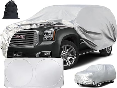 6 Layers SUV Car Cover Custom Fit for GMC Yukon (1995-2025) Waterproof All Weather for Automobiles, Outdoor Full Cover Rain Sun UV Protection.Silver sunscreen