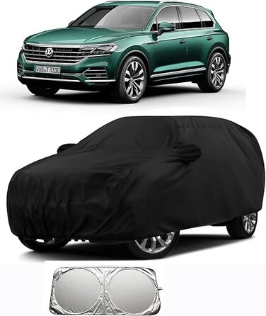 100% Waterproof Car Body Cover Compatible with Mirror &amp; Antenna Pockets for Volkswagen Touareg (Heavy Duty, Full Sized, Black) with sunscreen shield