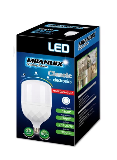 Milanlux Led Bulb Non-Dimmable 1800 Lumen Day-Light White (6500) 20W E27 Base