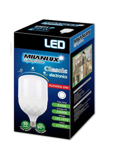 Milanlux Led Bulb, Non-Dimmable , 2700 Lumen, Day-Light White (6500), 30W, E27 Base