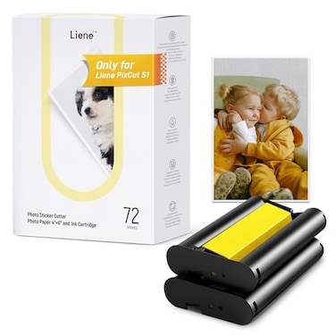 Liene Photo Paper &amp; Cartridge, 2 Ink Cartridge Refill &amp; 72 Sheets Photo Papers, 4X6", Dye Sublimation, Water &amp; Oxidation-Proof, Compatible W/Liene Pixcut S1 Photo Sticker Printer And Cutter