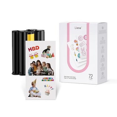 Liene Sticker Paper &amp; Cartridge, 2 Ink Cartridge Refill &amp; 72 Sheets Photo Papers, 4X7", Dye Sublimation, Water &amp; Oxidation-Proof, Compatible W/Liene Pixcut S1 Photo Sticker Printer And Cutter