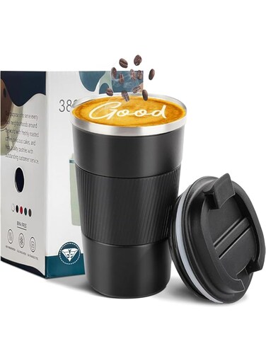 Insulated Travel Coffee Mug Spill Proof Leak Proof Pobtable To Go Camping Stainless Steel Coffee Tumbler Reusable Coffee Cups with Lids Thermos for Hot and Cold Drink (Black, 17 OZ)