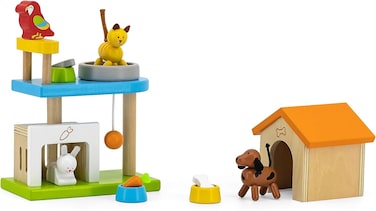 Viga Pet Wooden Playset with lovable puppy, to their meek cat, chipper bunny and funny parrot, these doll house pets come with their houses, food bowls and food, and ready to play!