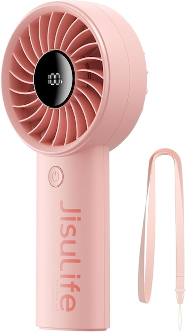 JISULIFE Handheld Mini Fan, 5000mAh Upgraded Portable Fan with Powerful Wind, USB Rechargeable Mini Hand Fan with Digital Display, 5 Wind Speeds, Ideal for Travel/Beach/School/Eyelash-Pink