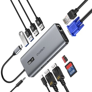 CHOETECH 12-in-1 USB-C Multiport Adapter with Digital Display - Grey