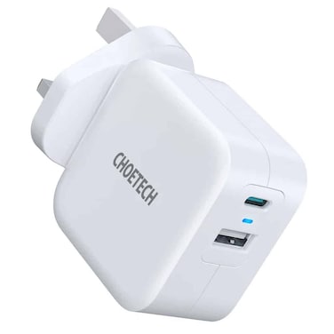 شاحن حائط سريع بمنفذين PD+ QC بقدرة 38 وات، CHOETECH PD5002-UK-WH - أبيض
