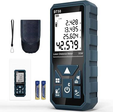 DTAPE Laser Measure 165ft, DT50Laser Distance Meter 50M, Portable Handle Digital Measure Tool Range Finder, Larger Backlit LCD 4 Line Display IP54 Shockproof