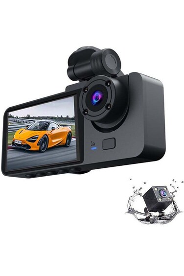 4K 4-Inch Triple-Lens Dash Cam &ndash; Front, Rear &amp; Inside Recording &ndash; WiFi, Night Vision, 24/7 Parking Mode, G-Sensor, Loop Recording &ndash; Mobile App Control for iOS &amp; Android