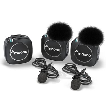 MAONO AU WM820A2 Dual Person Compact Wireless Lavalier Microphone 2.4GHz with Real time Monitoring and 22 Level Gain Adjustmen