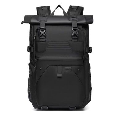 OZUKO 9761 Roll-Top Backpack, Black Oxford Fabric, 30x18x52cm, Waterproof Travel Business Bag, Expandable 28L-38L Capacity, Anti-Theft Design (Black)